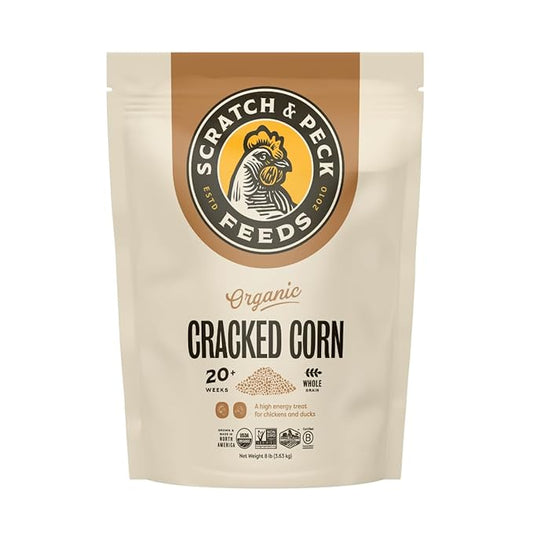 Scratch and Peck Cracked Corn Chicken, Duck and Livestock Supplemental Grain - 8 lbs Bag - 7.5% Protein, Certified Organic and Non-GMO Project Verified Chicken Food