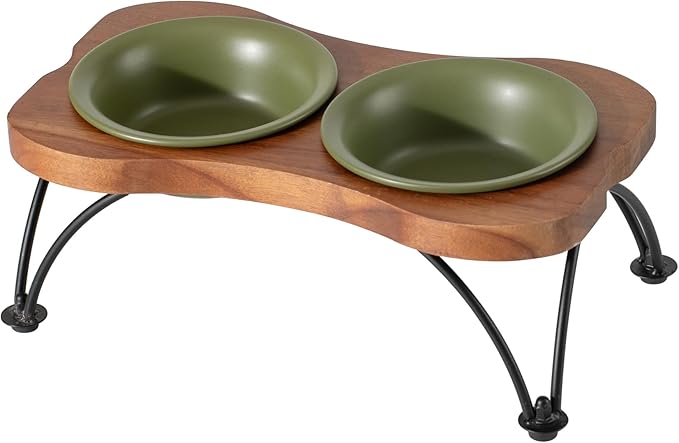 Ceramic 5.5-inch Raised Double-Bowl Set with Non-Slip Stand, Food & Water Dishes for Puppies and Cats, Wide Opening with Rounded Edges(Olive Green)
