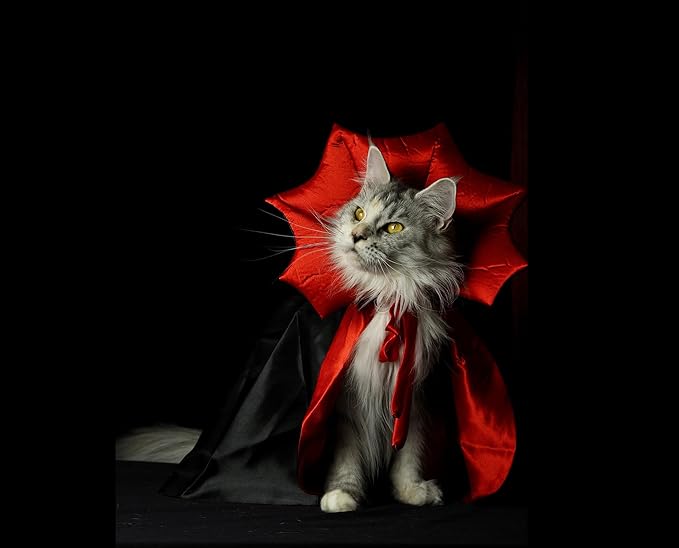 Halloween Cat Costume Vampire Cloak, Adjustable Red and Black Pet Cape with Vampire Accessories, Small Cats Dogs and Other Pets Halloween Parties and Pet Cosplay.