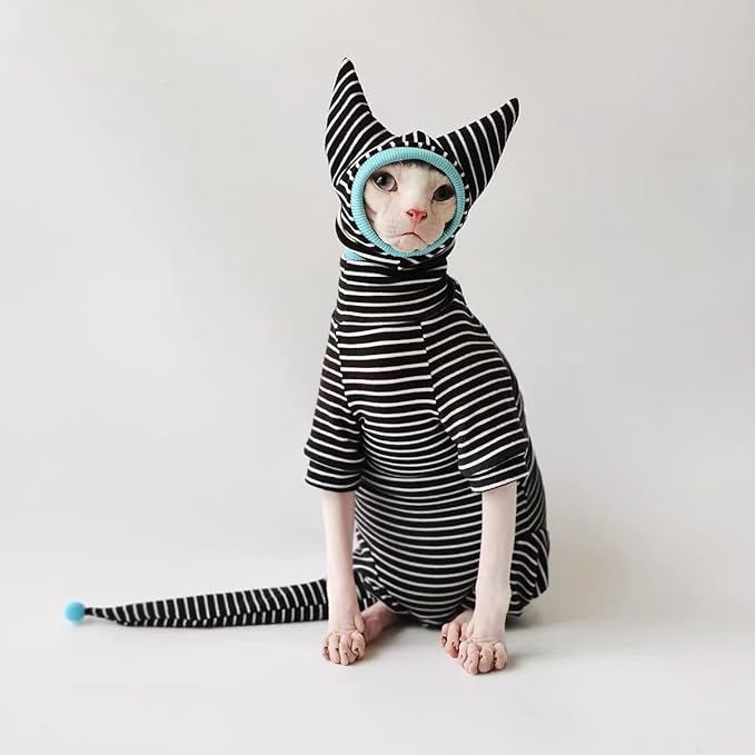 Sphynx Cat Clothes Black Stripe Breathable Shirts Suit, Pet Hat and Shirt Set (Small)