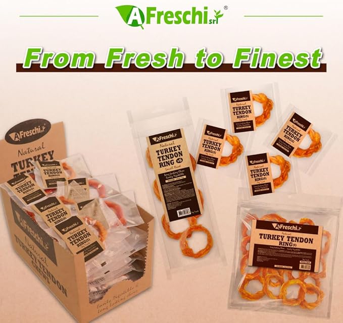 AFreschi Turkey Tendon Small Ring (S) 6 Pieces per Pack, USA-Sourced Turkey Tendon, All Natural Human Grade Puppy Chew, Hypoallergenic, Rawhide Alternative, Dog Treats for Small Breeds