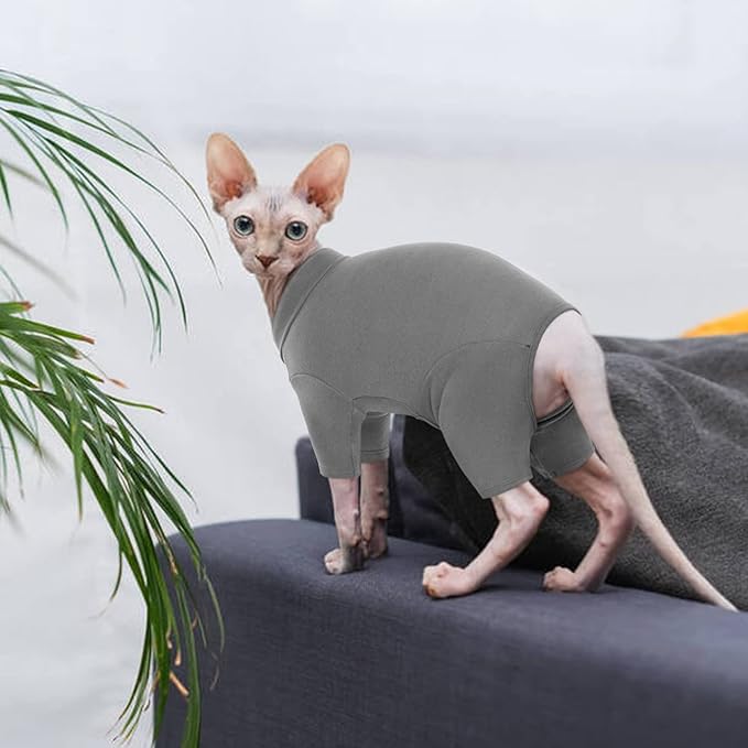 ROZKITCH Hairless Cat Clothes, Breathable Soft Cat Jumpers for Cats Only, Cat Coat with Four Legs, Warm Cat Sweater Cat T-Shirt Cat Pajamas Jumpsuit Vest Cornish Rex, Devon Rex, Peterbald Grey S