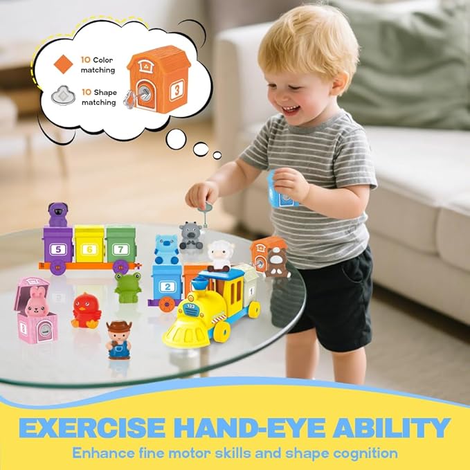 Farm Animals Train with 11 Finger Puppets, 10 Barns with Keys, Counting, Matching, Sorting Montessori Learning Toy for Toddler 1 2 3 4 Years Old, Educational Birthday Gift for Boys Girls Kids, 36PCS