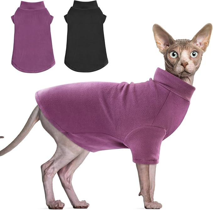 Idepet Sphynx Cats Sweater 2 Pack,Turtleneck Hairless Cat Shirt Soft and Warm Kitten Clothes with Sleeves Pullover Pet Winter Pajamas Jumpsuit for Cat Puppy (Black&Purple, Large)