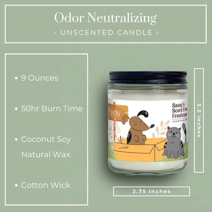 9oz Pet Odor Eliminator Deodorizer Candle, Long-Lasting Unscented, Non Toxic, Scentless Natural Plant-Based Wax Blend