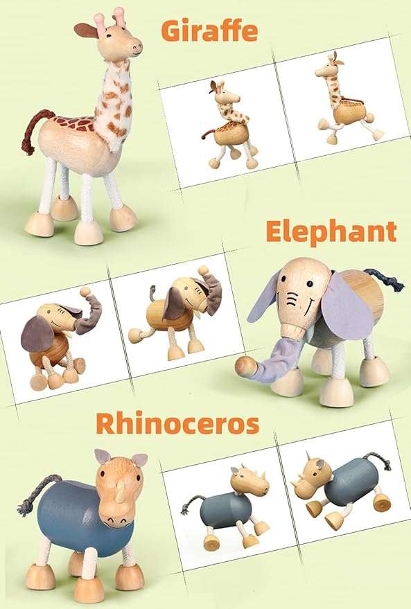6 Pack Bendable Wooden Animal Figurines - Smooth Natural Wood Zoo & Jungle Safari Animals - Preschool Learning & Education Toys for Toddlers & Kids