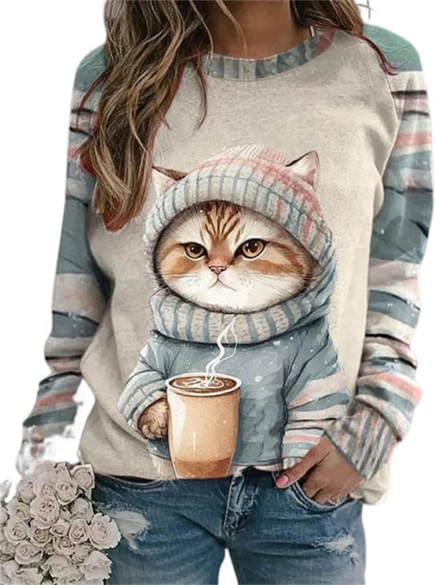 IVERIRMIN Women's 3D Cute Cat Print Sweatshirt Casual Long Sleeve Crewneck Cute Cat Pullover Loose Fit Shirts