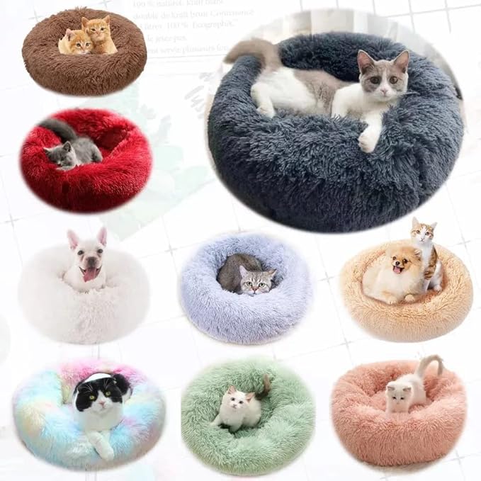 Cat Beds for Indoor Cats - Cat Bed Washable 20/24 inches, Dog Beds for Small Medium Dogs, Anti Anxiety Round Fluffy Plush Faux Fur Cat Bed, Thick Bottom (White, Small)