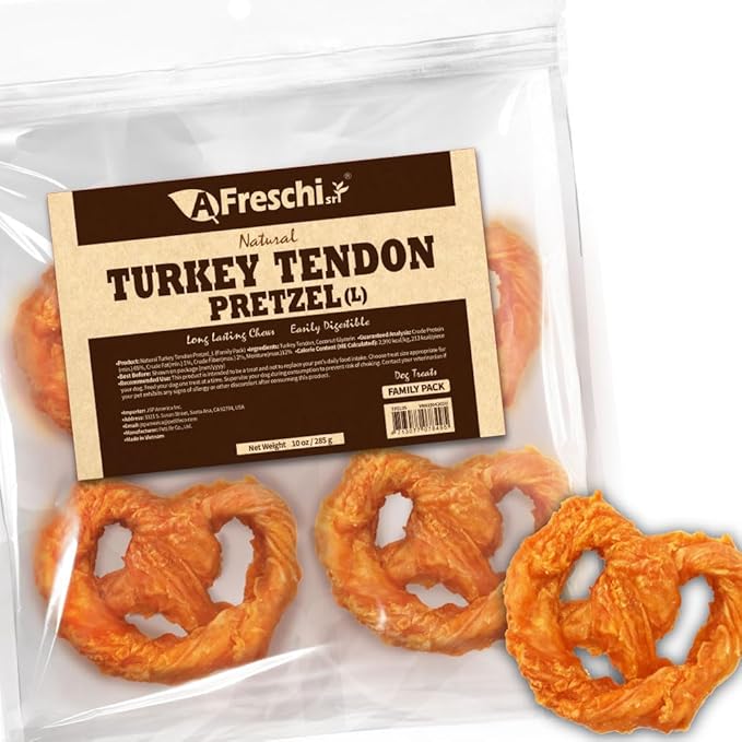 AFreschi Natural Turkey Tendon Pretzel (L) 10 oz, USA-Sourced Turkey Tendon, All Natural Puppy Chew, Hypoallergenic, Rawhide Alternative, for Large Breeds