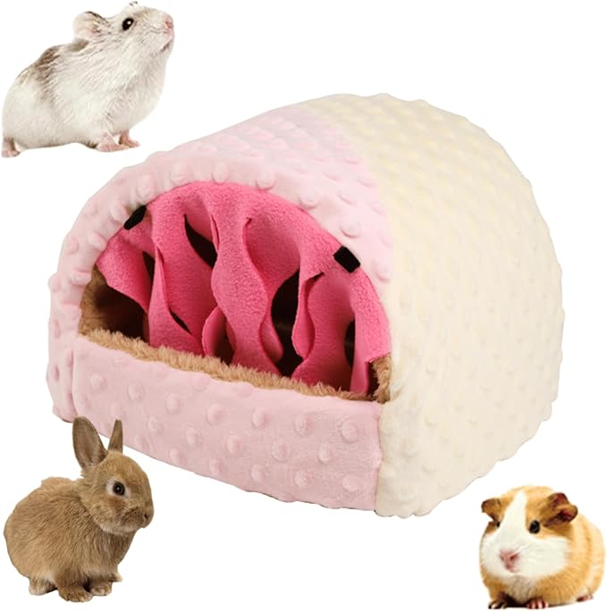 Warm Plush Guinea Pig Hut Habitat Hedgehog Hideout Rat House for Small Animal Rabbit,Washable Chinchilla Hamster Bed Cozy Nest Cage Accessories (Pink,X-Large)