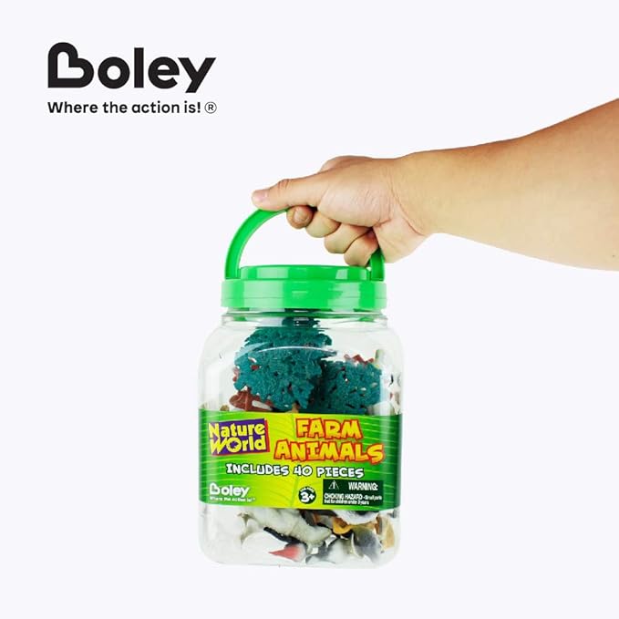 Boley Farm Animal Toy Bucket - 40 Piece Educational Playset with Horses, Cows, Roosters, Sheep, Fences, Trees - Perfect for Imaginative Play, Easy Storage, and Cleanup - Child Safe, Durable, and Fun