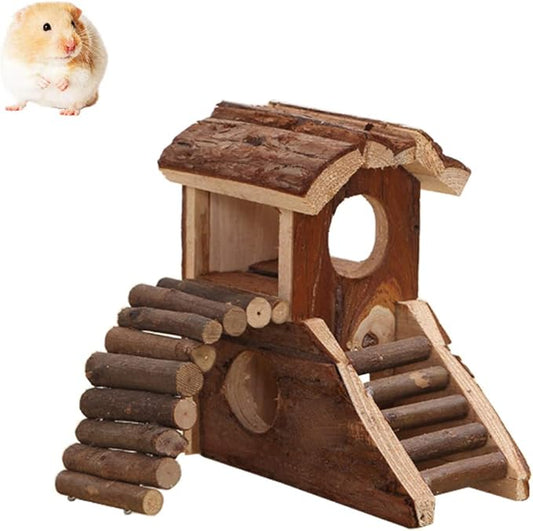 Wontee Hamster Wood House Hideout Hut for Dwarf Hamsters Mice Small Gerbils (C- Hamster House)