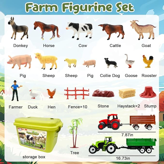 Farm Animal with 2 Tractors Toy, Realistic Plastic Farm Figures Including One Large Musical Truck with Sound Effects Farmer Fence Storage Box Christmas Birthday Easter Gift for Kids 3-8