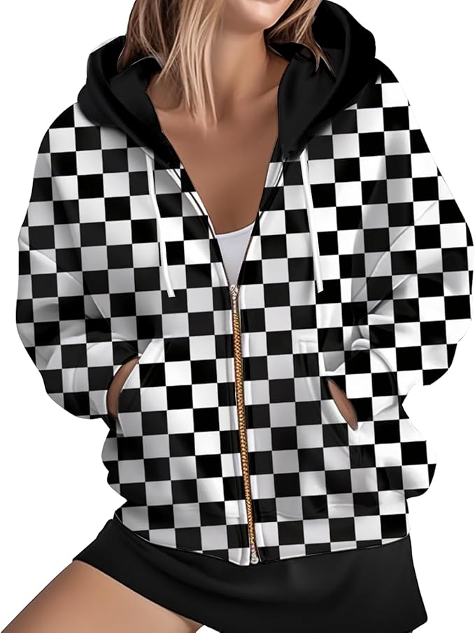 Womens Zip Front Plaid Sweatshirts Print Hoodie Fall Jackets Long Sleeve Casual Drawstring Clothes
