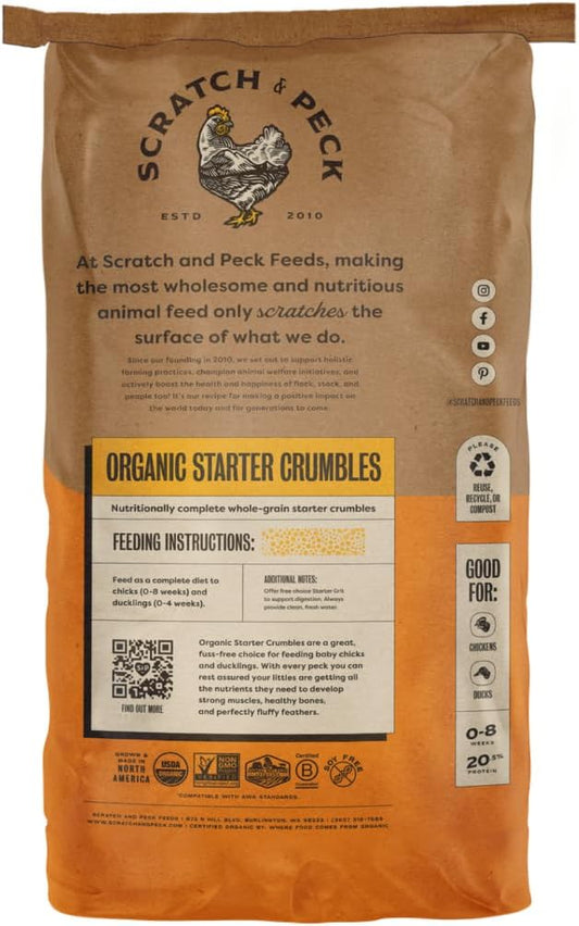 Scratch and Peck Feeds Whole Grain Starter Crumbles Chicken and Duck Feed - 25 lbs Bag - Corn-Free and Soy-Free - 20.5% Protein, Certified Organic and Non-GMO Project Verified Chicken Food