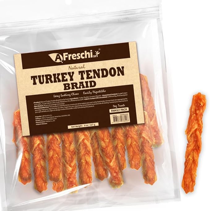 AFreschi Turkey Tendon Dog Treats, 8 oz Braid (for Medium Breeds), USA-Sourced Turkey Tendon, All Natural Puppy Chew, Hypoallergenic, Rawhide Alternative