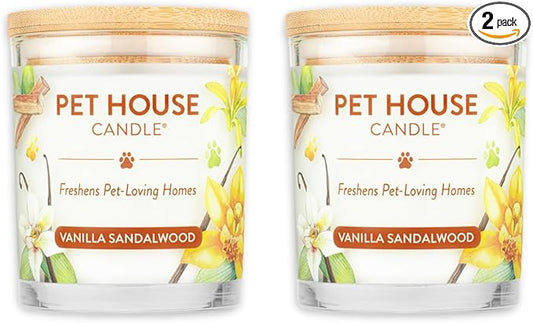 One Fur All Pet House Candle 2 Pack - Plant-Based/Soy - Clean Burning Scented, Long Lasting Pet Odor Candle for Home - Vanilla Sandalwood