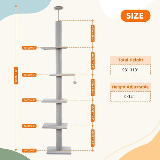 Cat Tree Floor to Ceiling Cat Tower 5-Tier Carpet Kitten Tree Cat Climbing Tower with Adjustable Height 98"-108", Tall Cat Trees with Platforms and Dangling Balls for Indoor Cats, Ash Grey