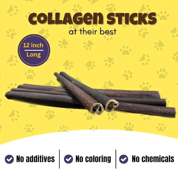 Woofley's 12 Inch Beef Collagen Sticks for Dogs (8 Count) Bully Stick Rawhide Alternative Dog Chews No Hide Bones for Medium & Large Dogs
