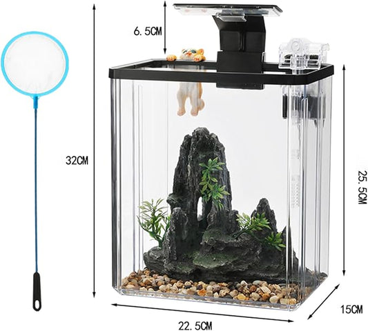 Fish Tank Aquarium, Glass Aquarium Starter Kit for Betta Fish Crystal Clear Viewing Self Cleaning System High-Transparency Glass Decorate Water Plants and Sand