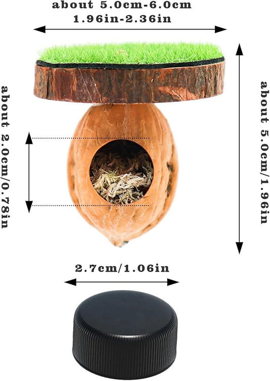 2 Pack Jumping Spider Enclosure Accessories, Magnetic Walnut Hide with Wooden Platform, Plastic Grass Topper, Spider Hideout with Moss for Terrariums