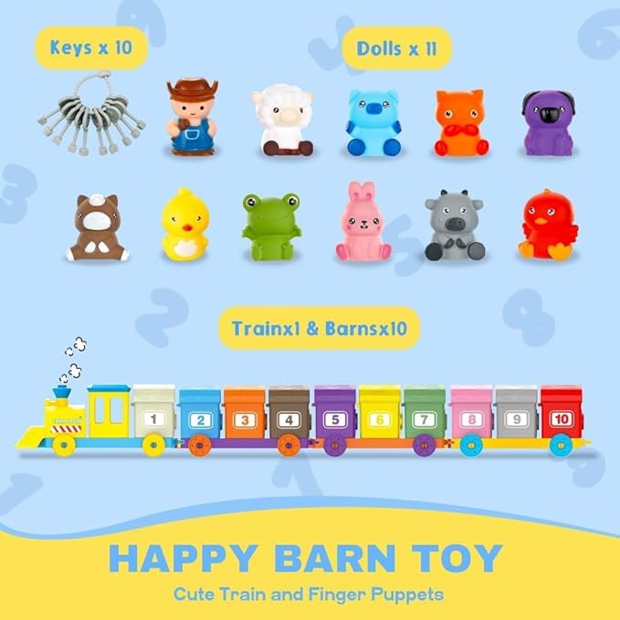 Farm Animals Train with 11 Finger Puppets, 10 Barns with Keys, Counting, Matching, Sorting Montessori Learning Toy for Toddler 1 2 3 4 Years Old, Educational Birthday Gift for Boys Girls Kids, 36PCS