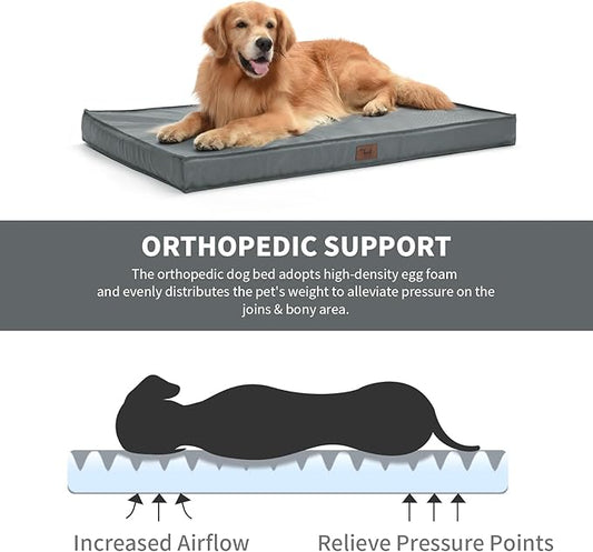 Outdoor Extra Large Dog Crate Bed, Big Waterproof Dog Bed for Large Dogs, Orthopedic Egg Foam Pet Bed Mat with Removable Cooling Cover, Grey