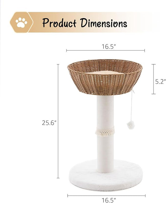 Cat Tree Tower, Handwoven Cat Condo with Nest Basket Bed, Cotton Scratching Post, Funny Hanging Toy Ball, 2 Sides Cushion Top Perch, Rattan