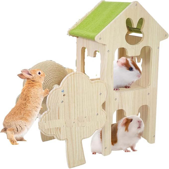 Wooden Guinea Pig Hideout, Bunny Houses and Hideouts Climbing Toys, Hamster Maze, Small Animal Accessories for Rabbit, Chinchilla, Rat, Mice, Gerbil (Combinations 4)
