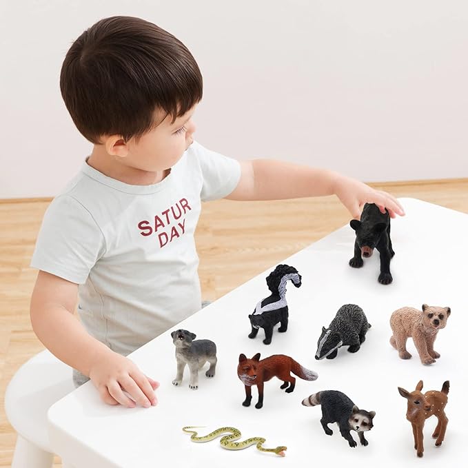 SIENON 18Pcs Forest Animals Figures Toys, Baby Woodland Animals Figurines, Miniature Animals Toys with Owl Hedgehog Fox Squirrels Bear Monkey Deer Wolf for Woodland Theme Cake Cupcake Toppers