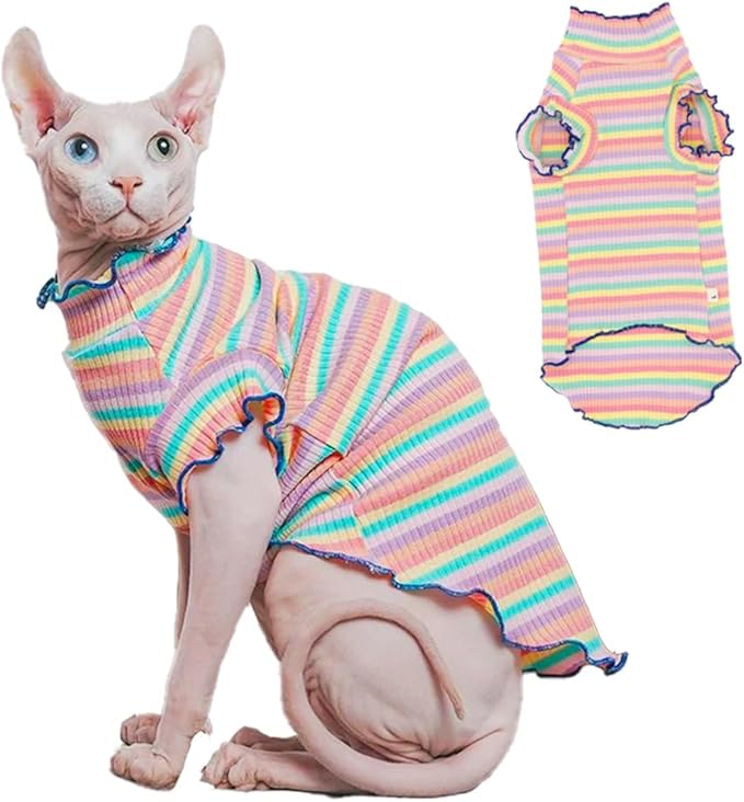 Sphynx Cat Clothes, Hairless Cat Shirt, Soft Stretchy Sweater for Cats, Breathable Cat Daily Outfit, Cat Pullover for Cornish Rex, Devon Rex (Rainbow Stripe, XL (6.5-8.5lbs))