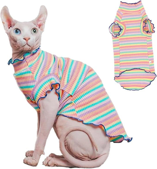 Sphynx Cat Clothes, Hairless Cat Shirt, Soft Stretchy Sweater for Cats, Breathable Cat Daily Outfit, Pullover for Cornish Rex, Devon Rex (Rainbow Stripe, XXL (8.5-12lbs))