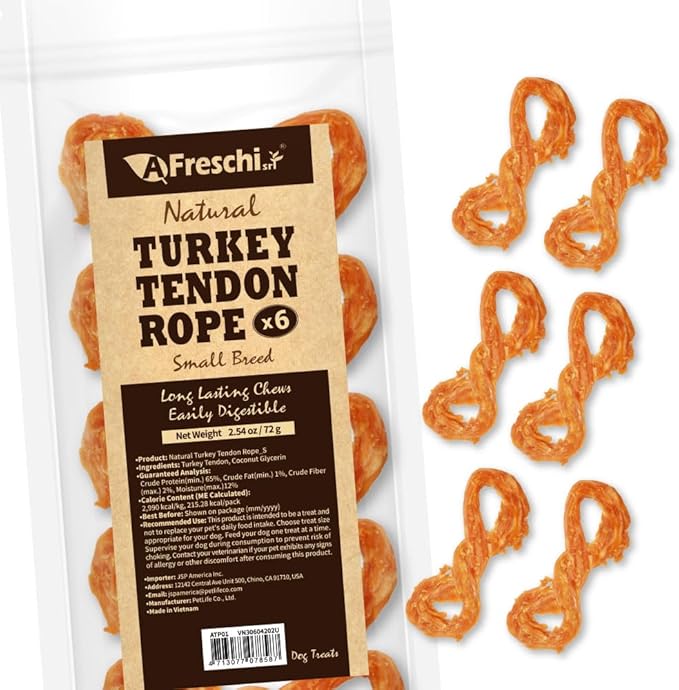 AFreschi Turkey Tendon Rope (S) 6 Pieces per Pack, USA-Sourced Turkey Tendon, All Natural Human Grade Puppy Chew, Hypoallergenic, Rawhide Alternative, Dog Treats for Small Breeds