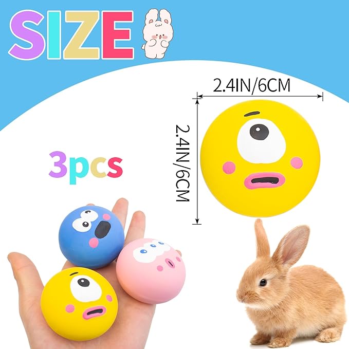 FlidRunest 3PCS Natural Rubber Squeaker Toys for Rabbit, High Elasticity Bunny Latex Squeak Balls, Teething Toys Big Eyes Printed Toy Ball for Bunny, Rabbit Easy to Clean