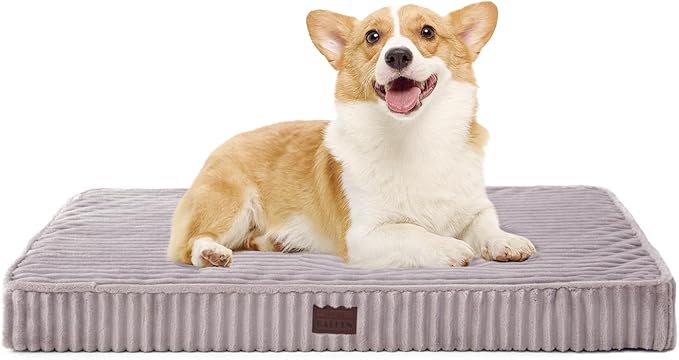 Orthopedic Dog Beds for Medium, Small Dogs - Plush Washable with Egg Crate Foam, Waterproof with Removable Cover & Anti-Slip Bottom, Comfy Striped Dog Bed for Crate, 31x25 Inch, Gray