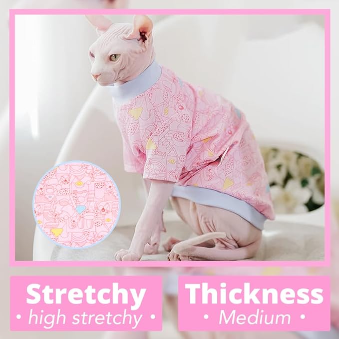 Sphynx Cat Clothes, Hairless Cat Shirt, Soft Stretchy Sweater for Cats, Breathable Cat Daily Outfit, Cat Pullover for Cornish Rex, Devon Rex (Pink Cartoon, XXL (8.5-12lbs))