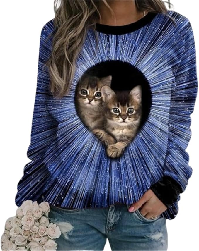 IVERIRMIN Women's 3D Cute Cat Print Sweatshirt Casual Long Sleeve Crewneck Cute Cat Pullover Loose Fit Shirts