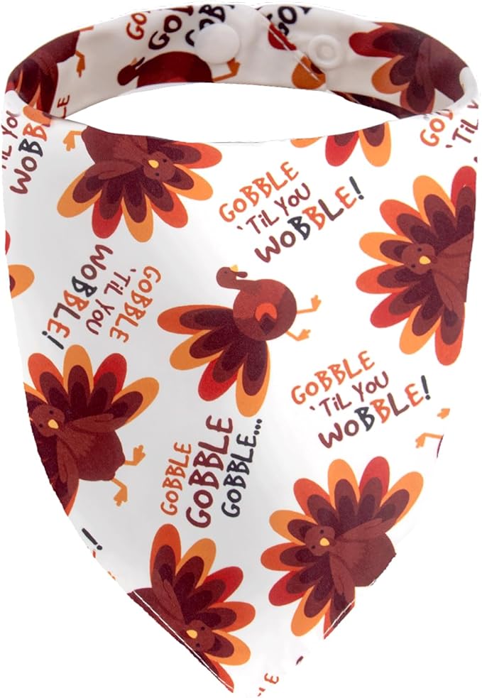 Thanksgiving Holiday Dog Bandana - Gobble Till You Wobble - Cute Turkey Printed Pet Fall Triangle Scarf with Snap Button, Small and Medium Breed, 5-30lbs