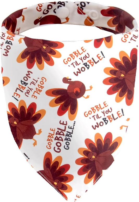 Thanksgiving Holiday Dog Bandana - Gobble Till You Wobble - Cute Turkey Printed Pet Fall Triangle Scarf with Snap Button, Small and Medium Breed, 5-30lbs