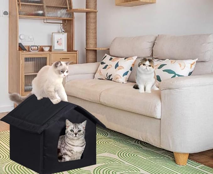 Cat Houses for Outdoor Cats, Weatherproof Outdoor House for Feral Cats, Warm Stable Stray Cats Shelter in Winter Black Medium