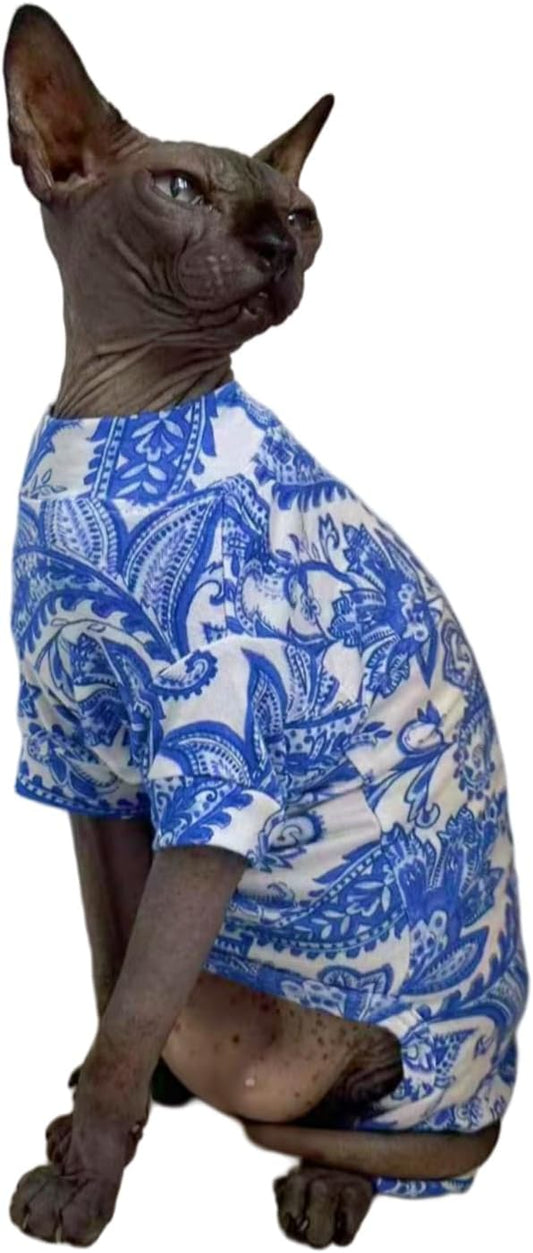 Sphynx Cat Four Leg Cotton Pajamas Elastic Pet Clothes for Hairless Cats Surgery Recovery Suit Undershirt Thermal Clothes for Sphynx, Devon, Cornish (Blue Porcelain, L)