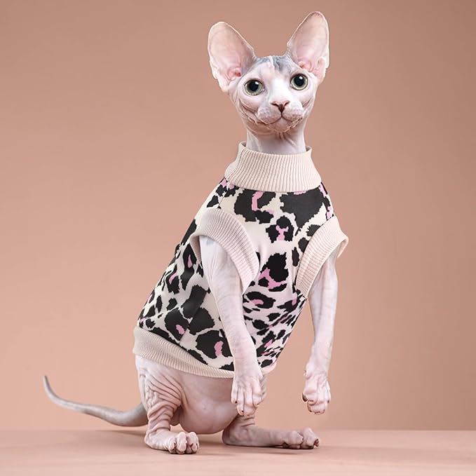 Idepet Cat Clothes Kitten Sweater Soft Kitten Shirt Cute Leopard Print Kitty Vest Pullover Pajamas Jumpsuit Cotton Apparel for Hairless Cats & Puppy (Pink,XL)