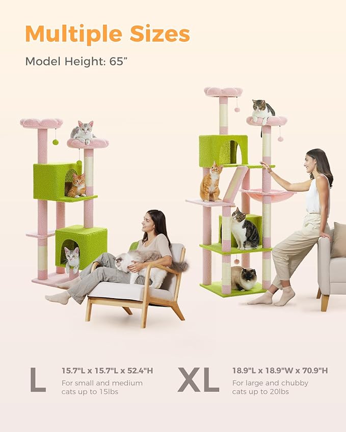 Flower Cat Tree, 52.4" Cute Cat Tower for Indoor Cats with 2 Flower Padded Perches, 2 Condos & 2 Scratching Posts, Pink