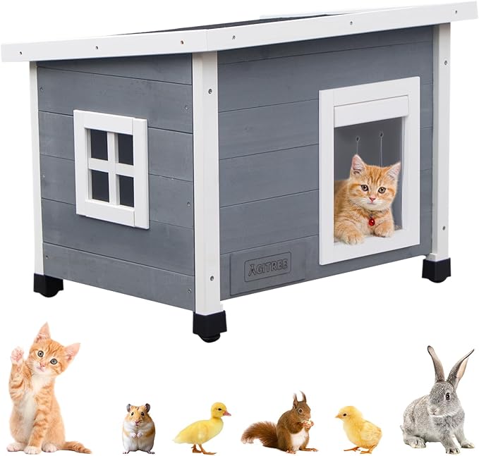Outdoor Wooden Pet House, Weatherproof Winter Shelter for Dogs and Cats, Elevated Design with Window (Gray)
