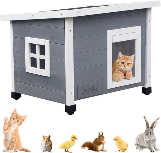 Outdoor Wooden Pet House, Weatherproof Winter Shelter for Dogs and Cats, Elevated Design with Window (Gray)