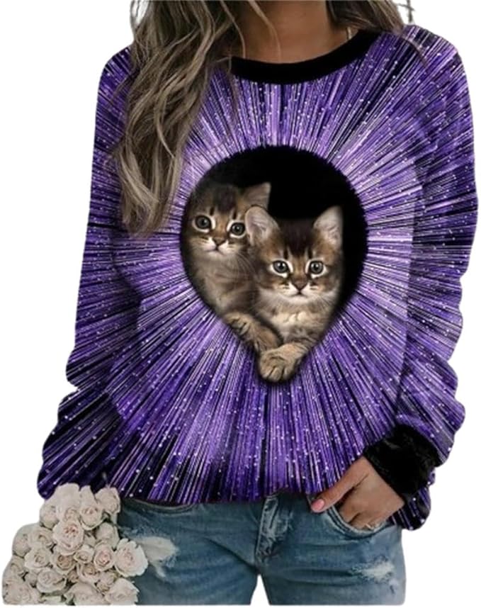 IVERIRMIN Women's 3D Cute Cat Print Sweatshirt Casual Long Sleeve Crewneck Cute Cat Pullover Loose Fit Shirts