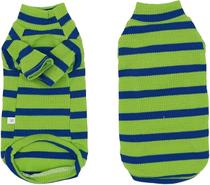 Striped Waffle Knit Shirt for Sphynx Cat, 2-Leg Long Sleeve Lightweight Outfit for Hairless Cats, Soft All-Season Pet Clothes (Green, Small (2.5-3.5lbs))