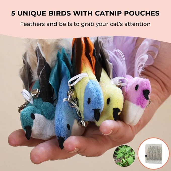 Interactive Bird Simulation Cat Toy Set, Interactive Cat Toys for Indoor Cats, Cat Feather Toy, Self-Holding Suction Base, 5 Catnip Birds, Feathers & Bells (5 Replacement Catnip Birds)