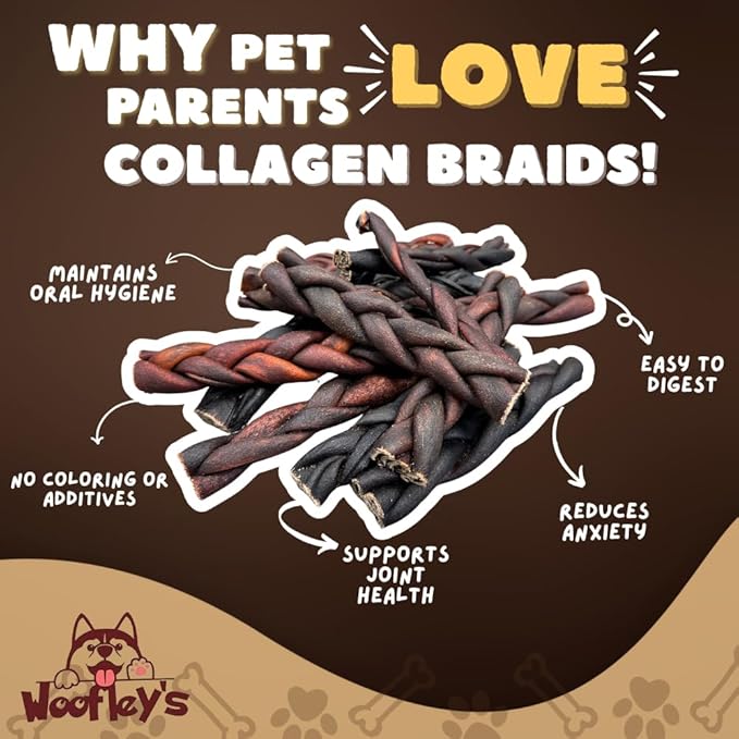 Woofley's 6 Inch Braided Collagen Sticks for Dogs - (50 Count) Bully Stick Rawhide Alternative Dog Chews No Hide Bones for Medium & Large Dogs