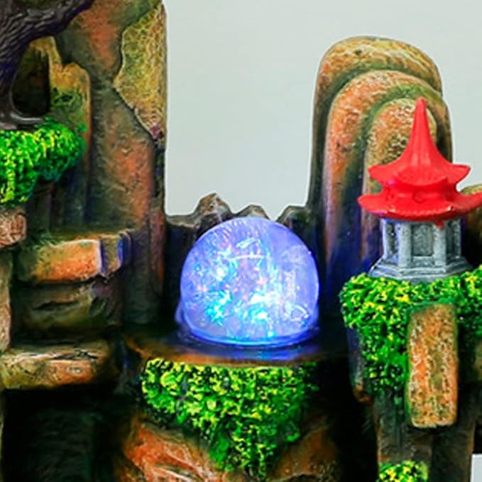 Tabletop Waterfall Fountain with Rockery, Mini Silent Indoor Ornament Desk Water Fountain Desktop Simulation Resin with Atomizer LED Small Fish Tank for Office Bedroom Home Decor Fisherman